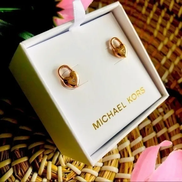 Michael Kors Rose Gold Heart Lock Stud Earrings Love Padlock MK NWT - Image 2