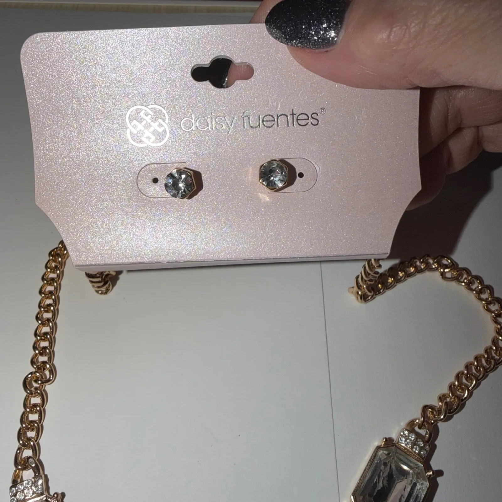 Daisy Fuentes Gold Tone Crystal Gem Necklace Stud Earrings Set Sparkle Glam - Image 3