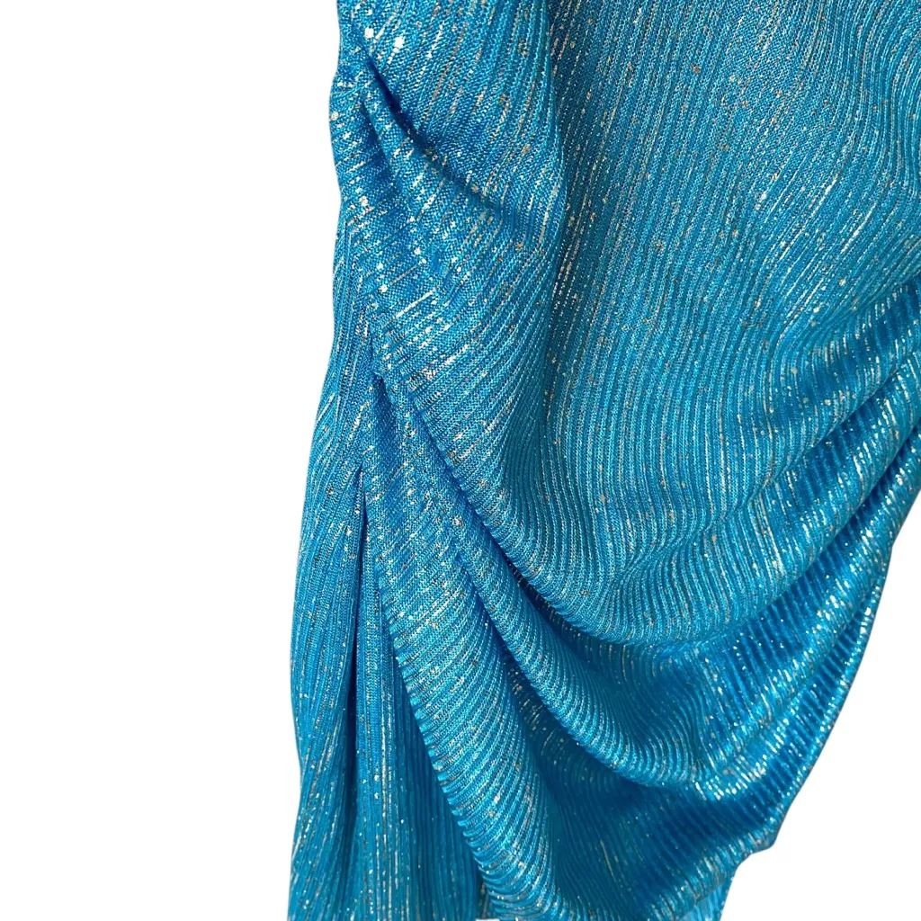 Ramy Brook Shimmering Metallic Turquoise Blue Long Sleeve Dress size 6 Ruched - Image 5