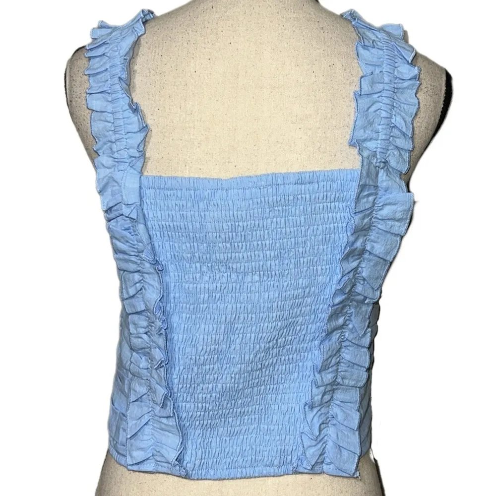 ENTRO sz medium blue pleated cropped sleeveless ruffle sleeve summer top casual - Image 3