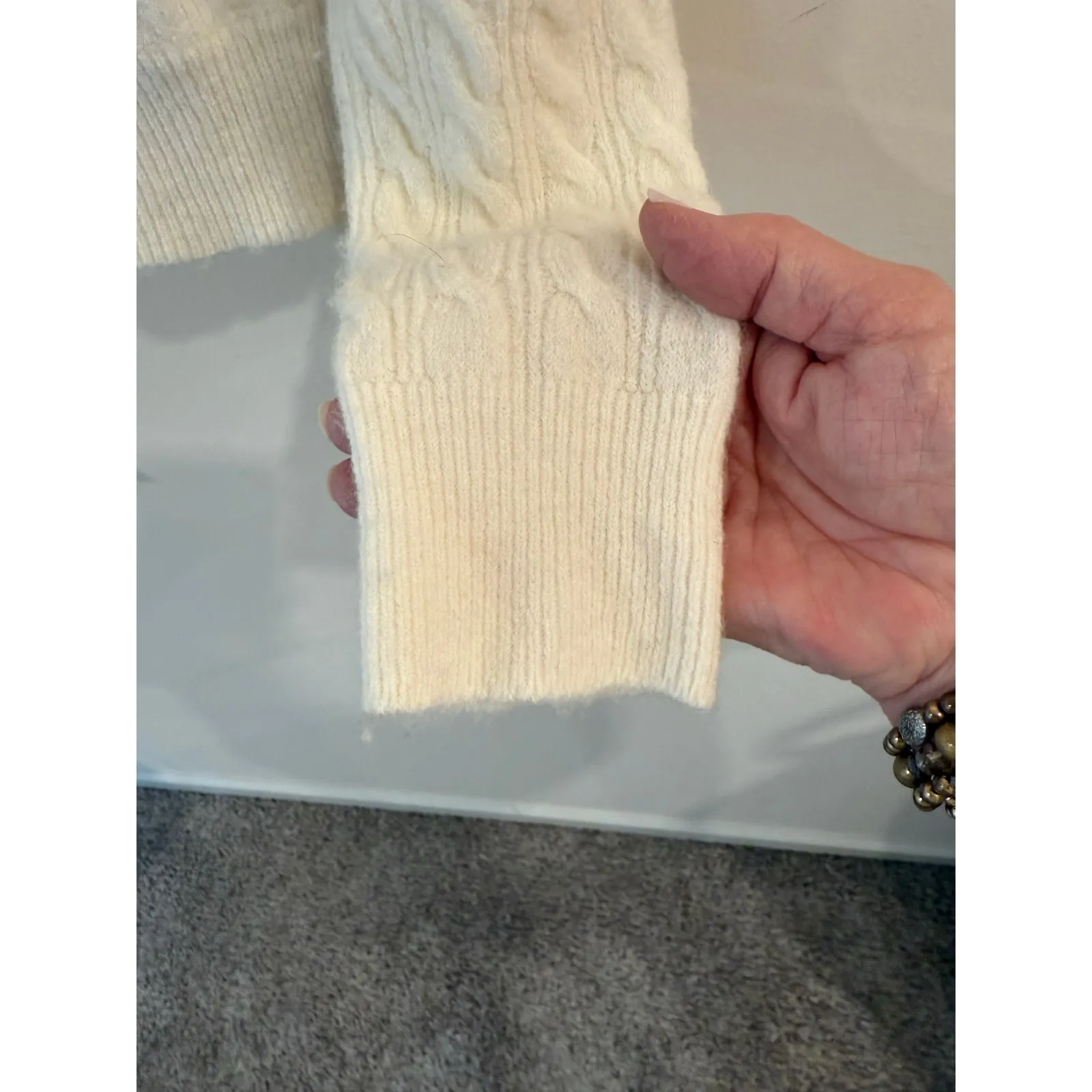 J.Crew Sweater Womens Small Cream Wool Alpaca Cable Knit Ruffle Front Turtleneck - Image 3