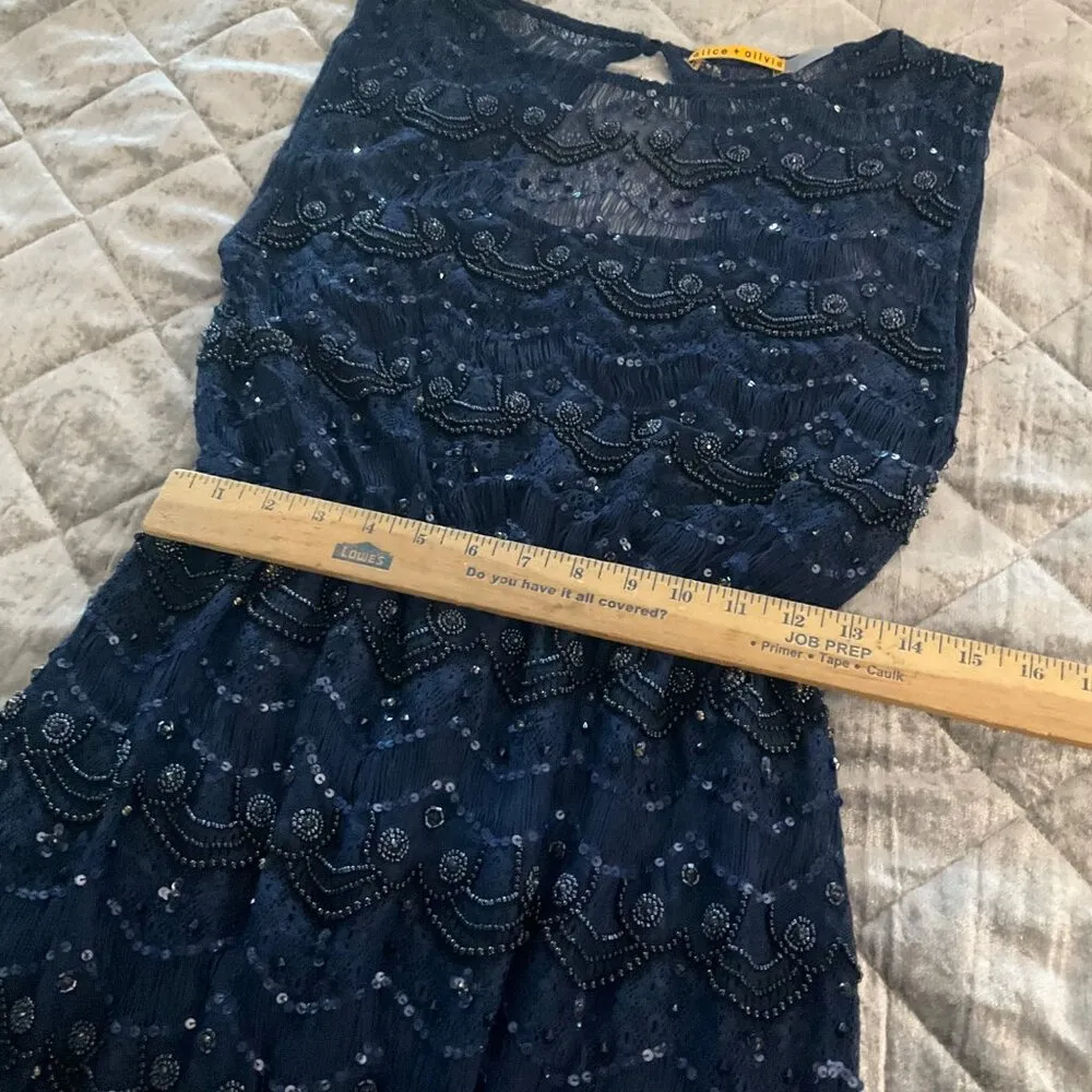 Alice & Olivia  Blue Lace Sequin Bead Sleeveless Mini Dress Keyhole Back XS S - Image 10