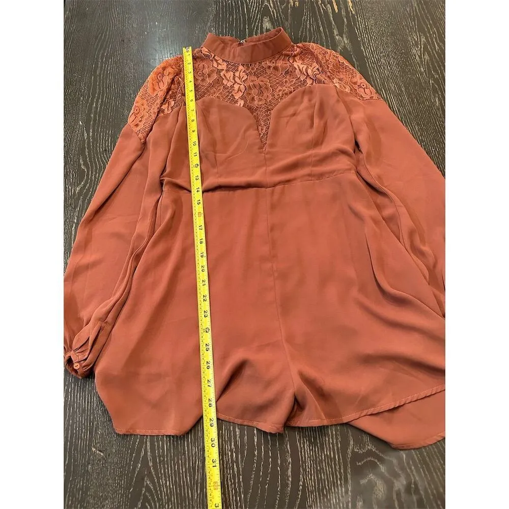 Lush Women's Burnt Orange Lace Long Sleeve V-Neck Romper Size M - Image 4