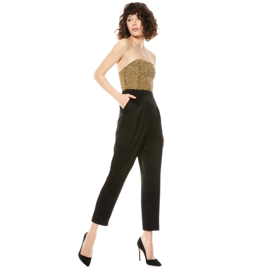 Alice + Olivia Jeri Rhinestone Embellished Strapless Jumpsuit black gold size 2 - Image 5