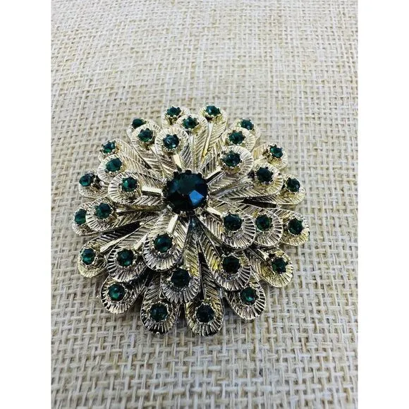 Vintage Feather Peacock Emerald Green Flower‎ Pin Brooch Rhinestone Gold Tone - Image 2