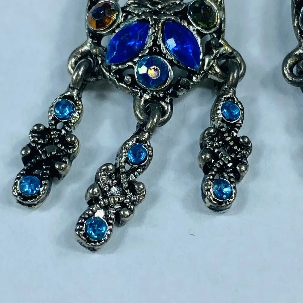 Earrings Pierced Dangle Drop Silver Color Metal Shades of Blue Rhinestones - Image 9