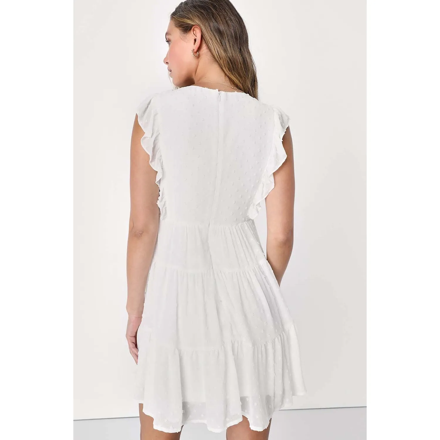 NWT Lulus Dreamy Designs White Ruffled Tiered Swiss Dot Mini Dress Summer Sz M - Image 3