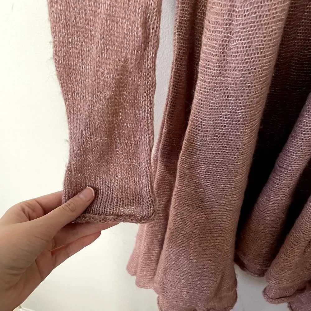 Free People pink knit long sleeved boho v-neck sweater frilly a-line wool alpaca - Image 3