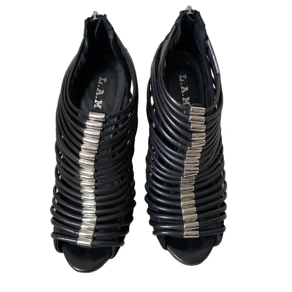 LAMB L.A.M.B. Walcot Black Leather Bootie Sandal Heels size 8 - Image 2