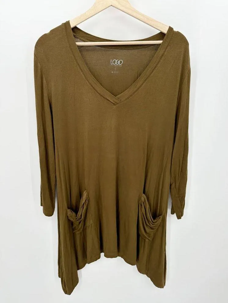 LOGO Lori Goldstein Top Women LARGE Olive Green V-Neck Long Sleeve Tunic - Image 9