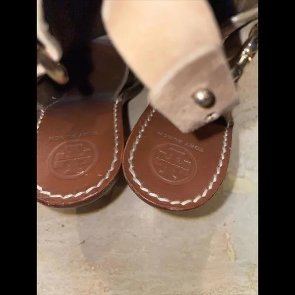 Tory Burch Beige Brown Gemini Link Peep Open Toe‎ Slingback Suede Bootie Size 7 - Image 4