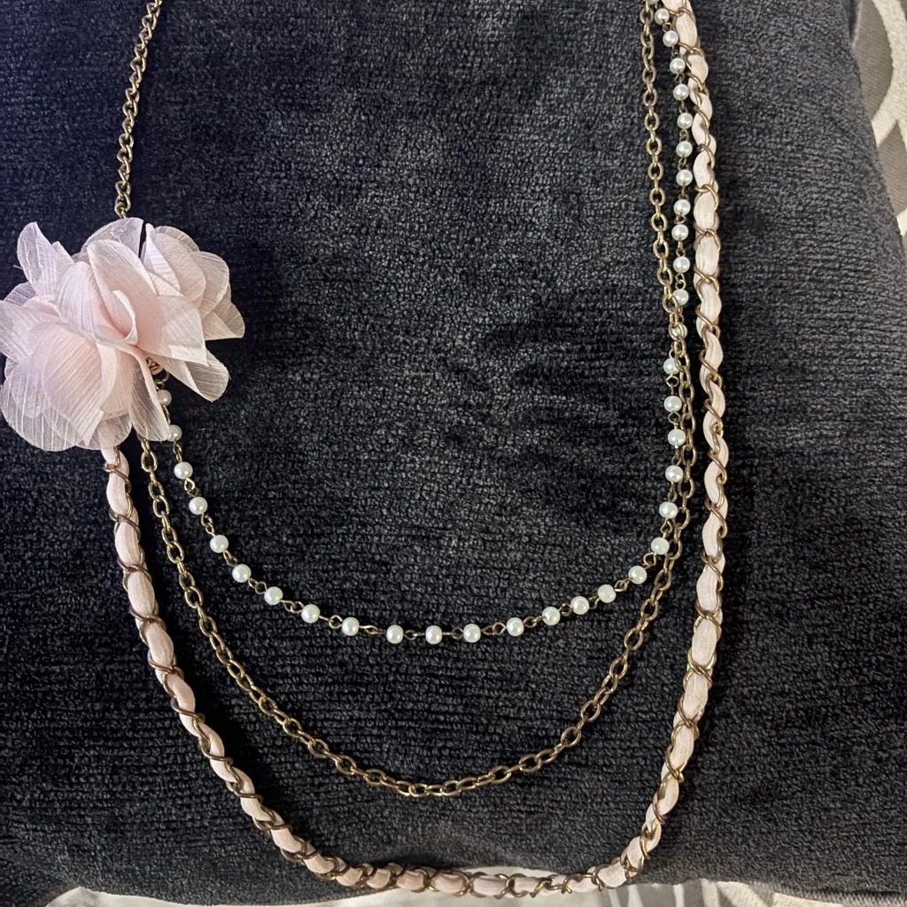 Vintage Blush Floral Chain Necklace Faux Pearls | Romantic Statement Piece 17in Gold - Image 6