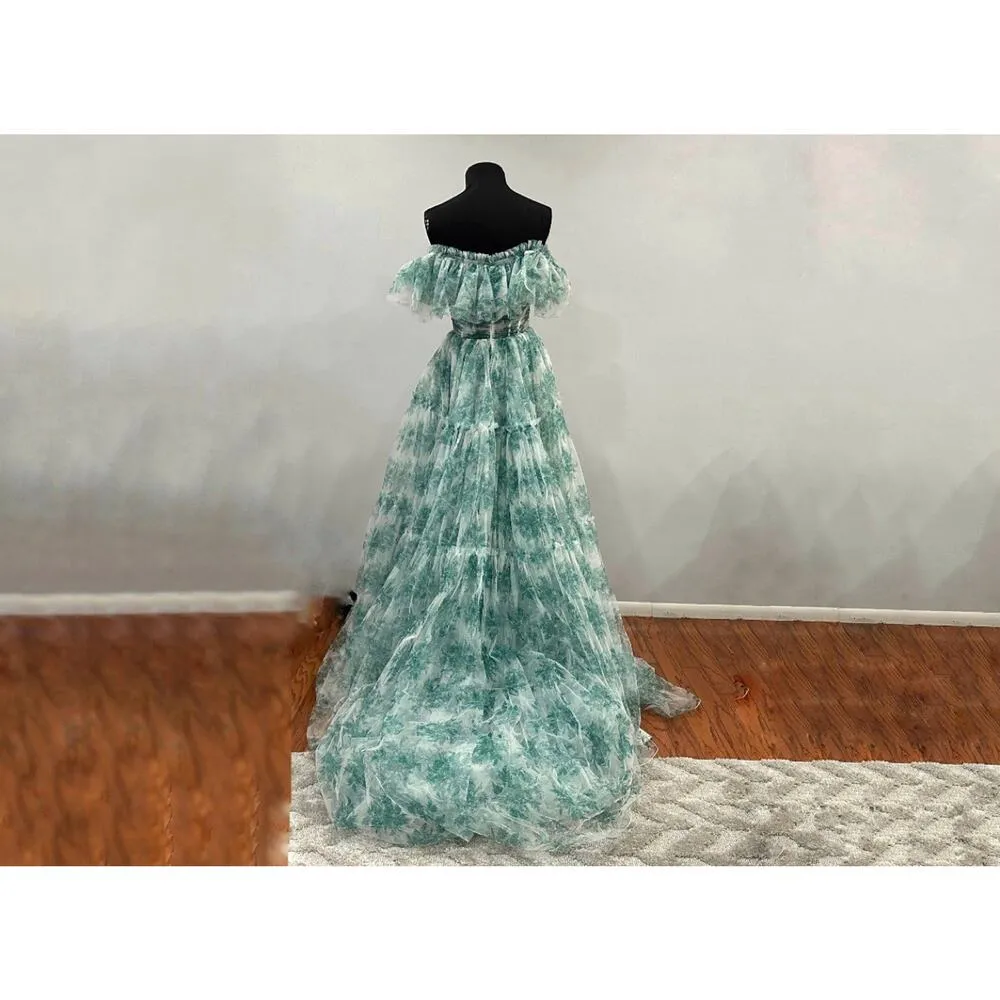 Sherri Hill 56128 Green Print Ruffle Off the Shoulder Gown Sz 6 NWOT - Image 3