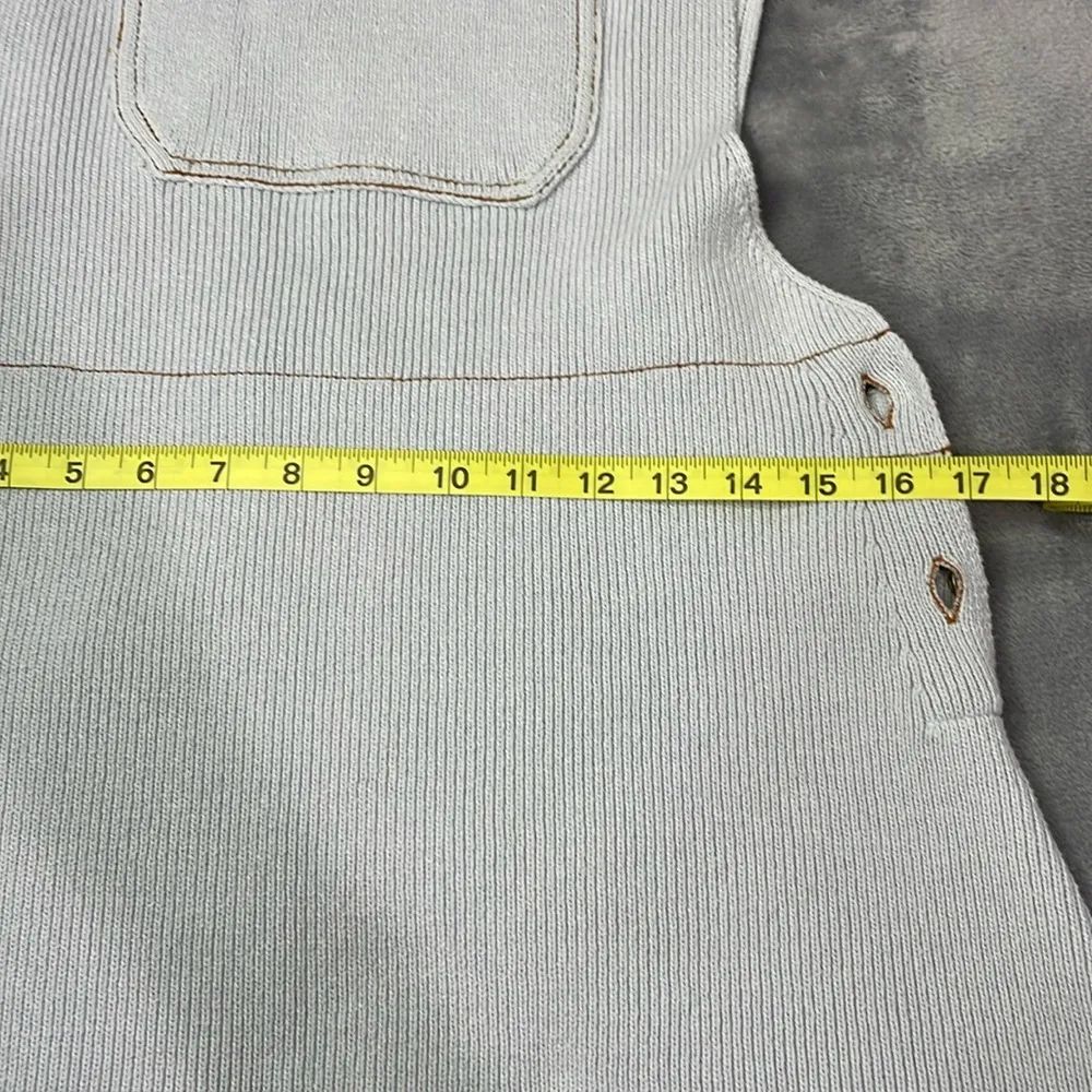 Crocheted bibbed overall sweater dress dusty blue with contrasting brown stitch - Image 6