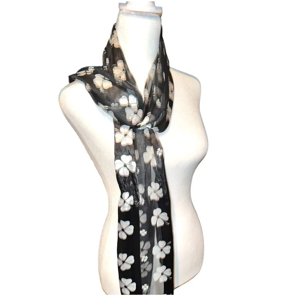 Beautiful black scarf with white 4 leaf clover print! Brand new! - Image 3