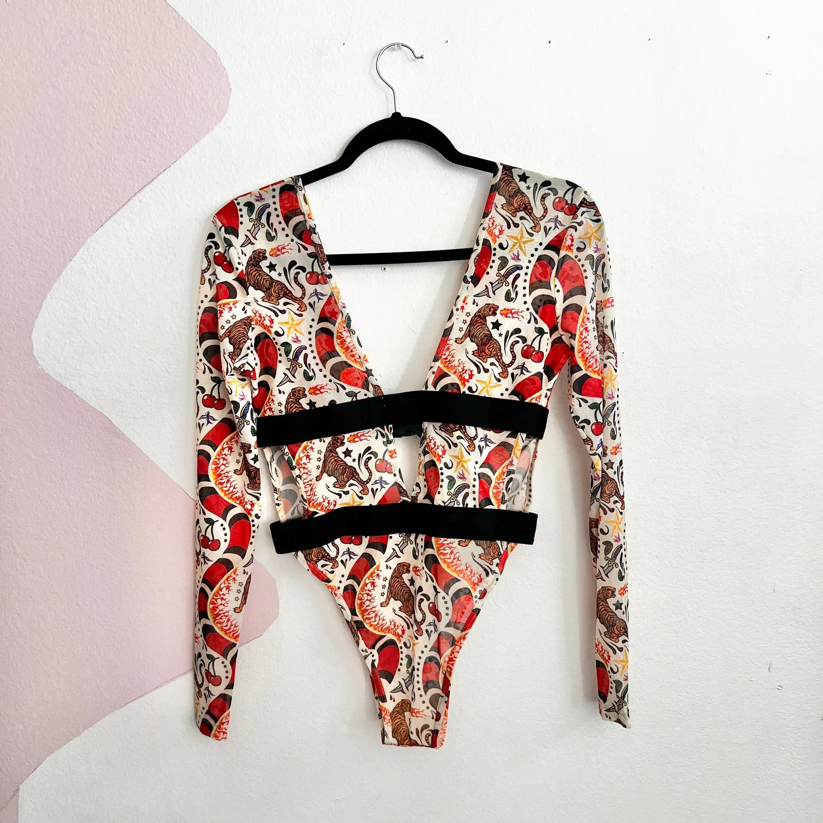 Beginning Boutique Mesh Buckle‎ Bodysuit Sheer Festival Edgy Grunge Rave Large - Image 3