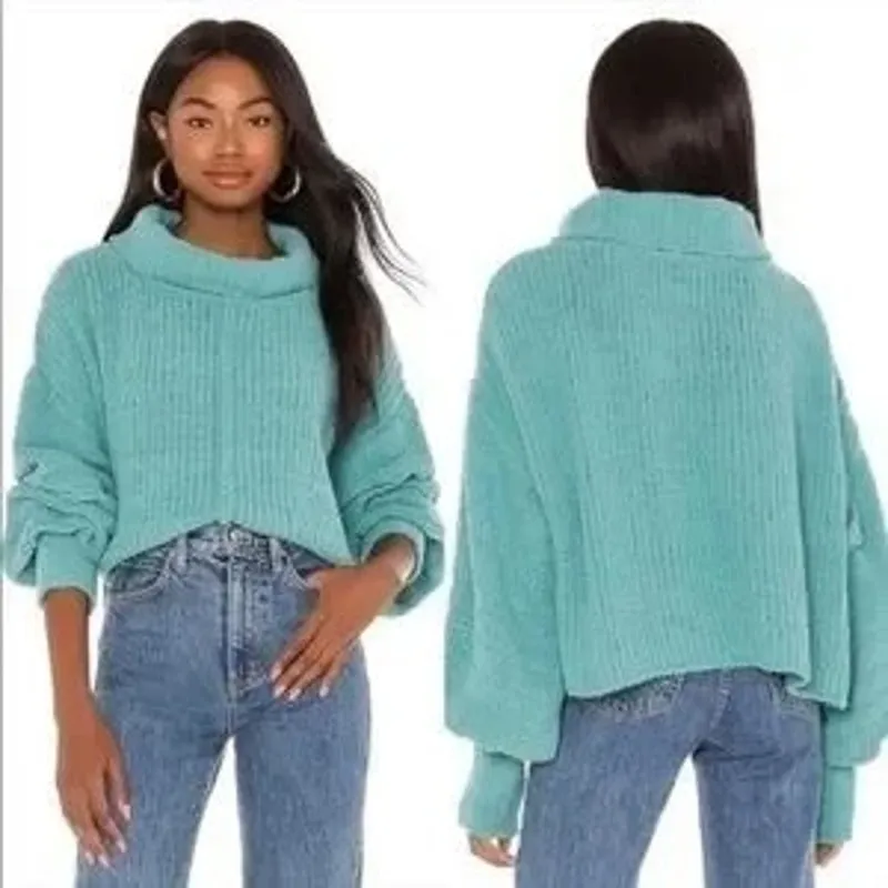 Free People Be Yours Fun Cowl Neck Boxy Sweater Green Large - Image 2
