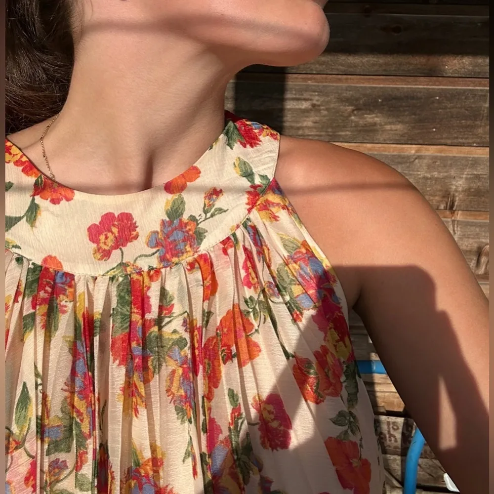 Free People off white floral shimmery  sleeveless pleated mini dress - Image 2