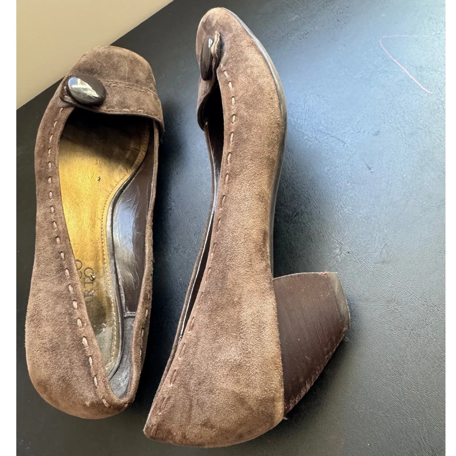 90s Vintage Franco Sarto Womens Suede Leather Slip on Button Mary Janes sz 9 Y2K Brown - Image 9