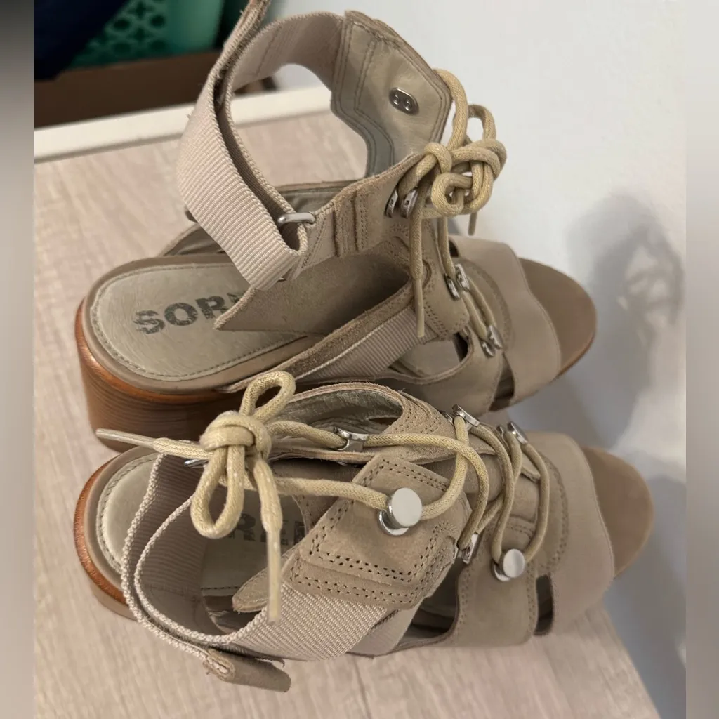 Sorel Sandals Nadia Taupe Suede Strappy Lace Up Chunky Block Heel Shoes Size 10 - Image 5