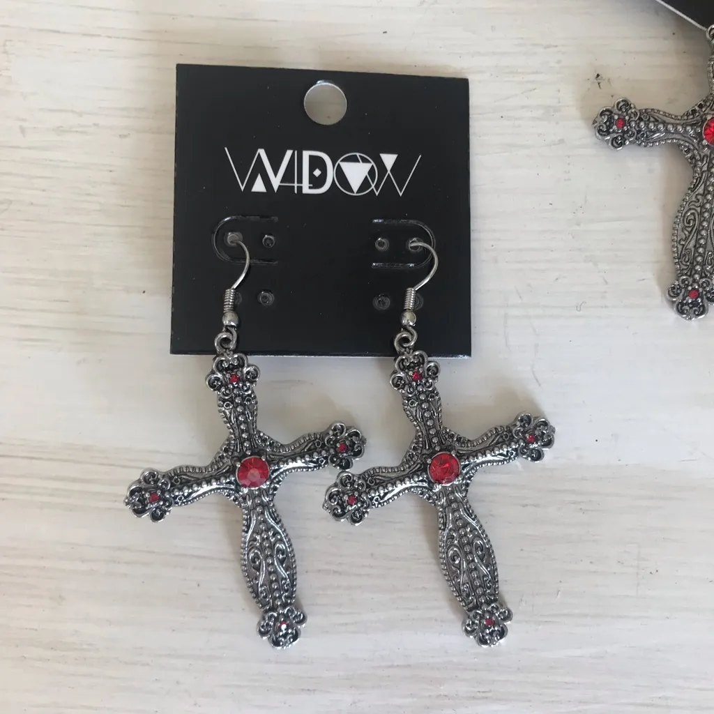 Widow  Cross Statement Earrings and Velvet Choker Necklace Set - Image 2