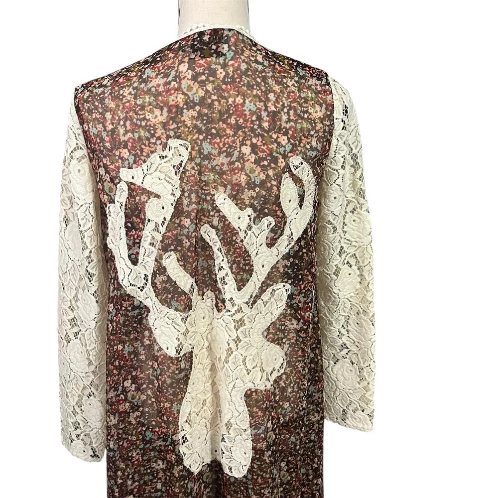 Judith March | Women's Sheer Floral Lace Deer Open Cardigan Kimono Sz S - Image 4