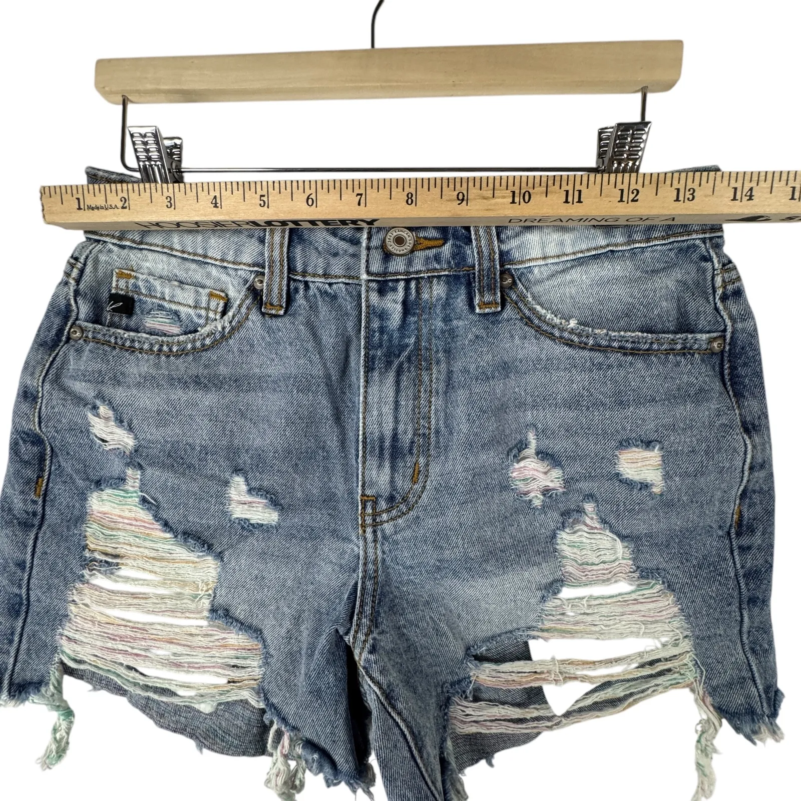 KanCan Distressed Rainbow Thread Denim Shorts High Waisted Ripped Blue‎ Jean S Blue - Image 5