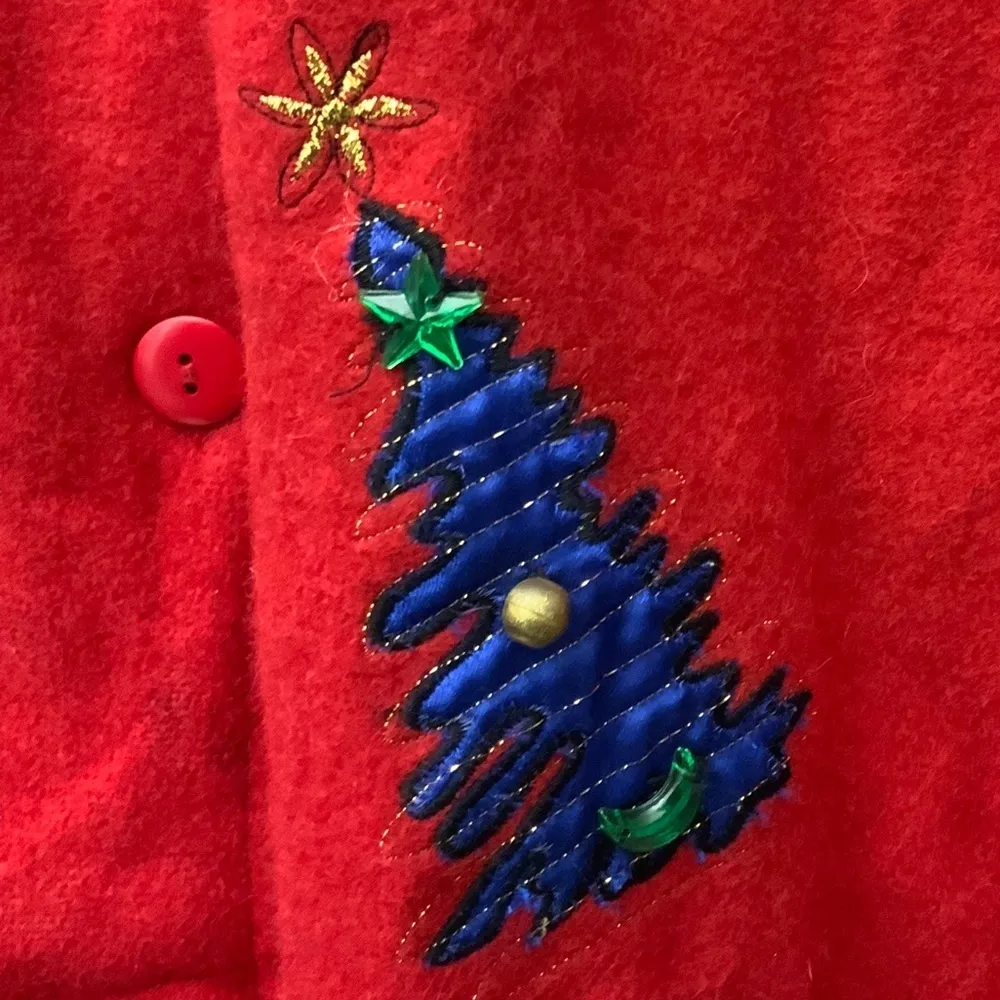 Take Two Vintage Christmas Jacket Boxy Red Multicolor Embellished 80’s Large - Image 14