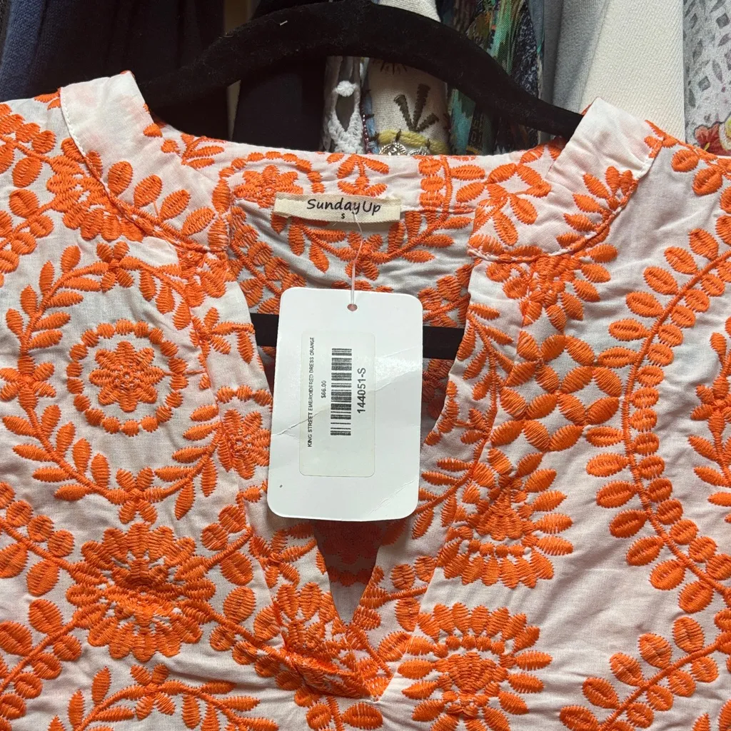 Sunday Up Orange King Street Embroidered Tunic Dress Preppy Beachy - Image 2