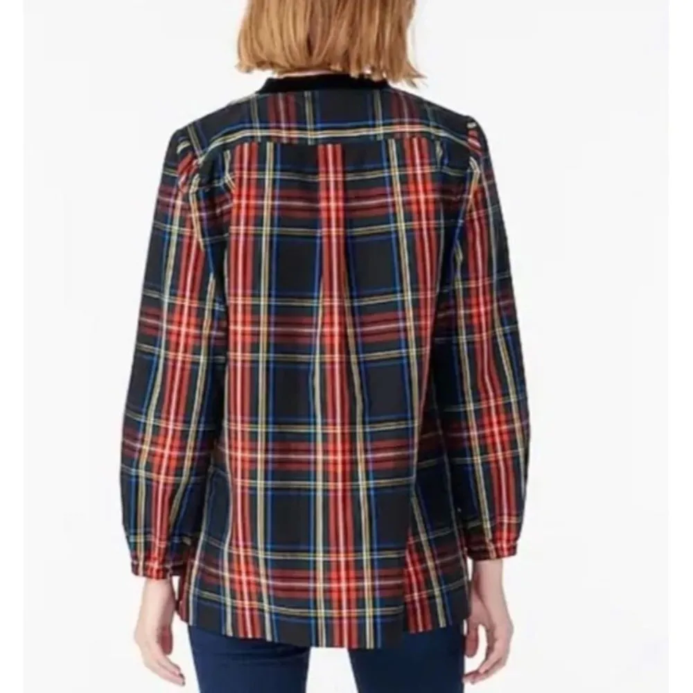 J CREW Red/Black Velvet Trimmed Stewart Tartan V-Neck Tunic Size XS - Image 3
