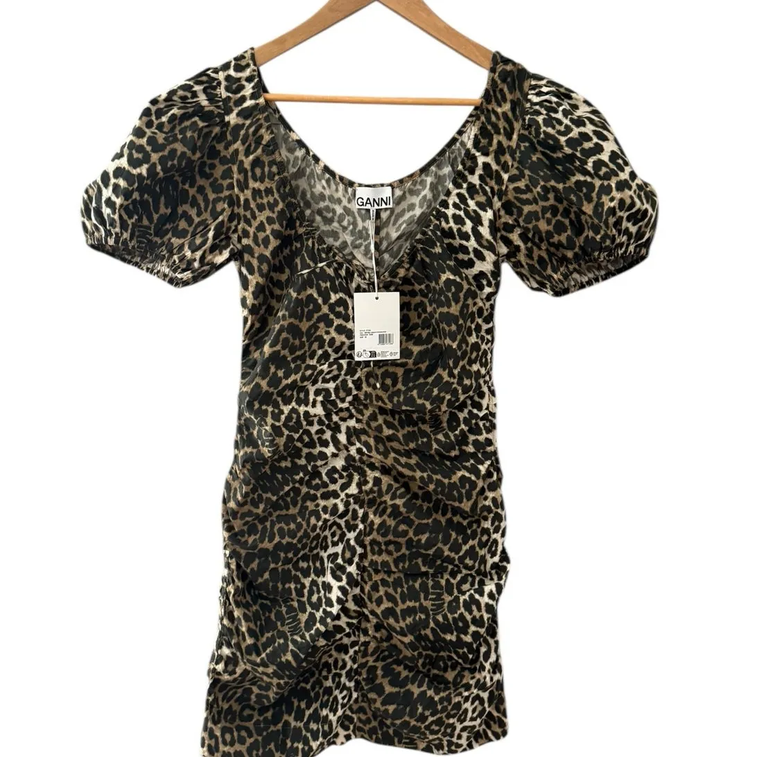 GANNI Printed Cotton Gathered‎ Ruched Mini Dress Big Leopard Almond Milk Size 36 - Image 4