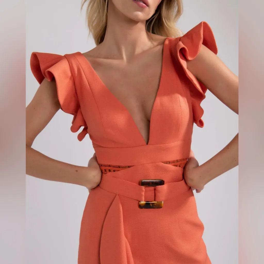 PatBO Belted Ruffle Asymmetrical Midi Dress PLEASE READ Orange Size 6 - Image 4