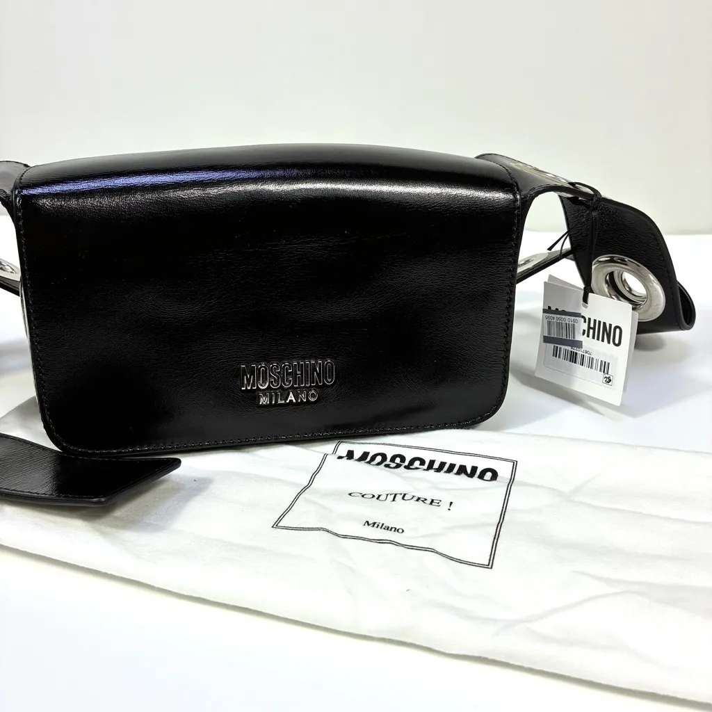 Moschino Couture Metal Logo Crossbody Shoulder Bag Black NWT Eyelets - Image 3