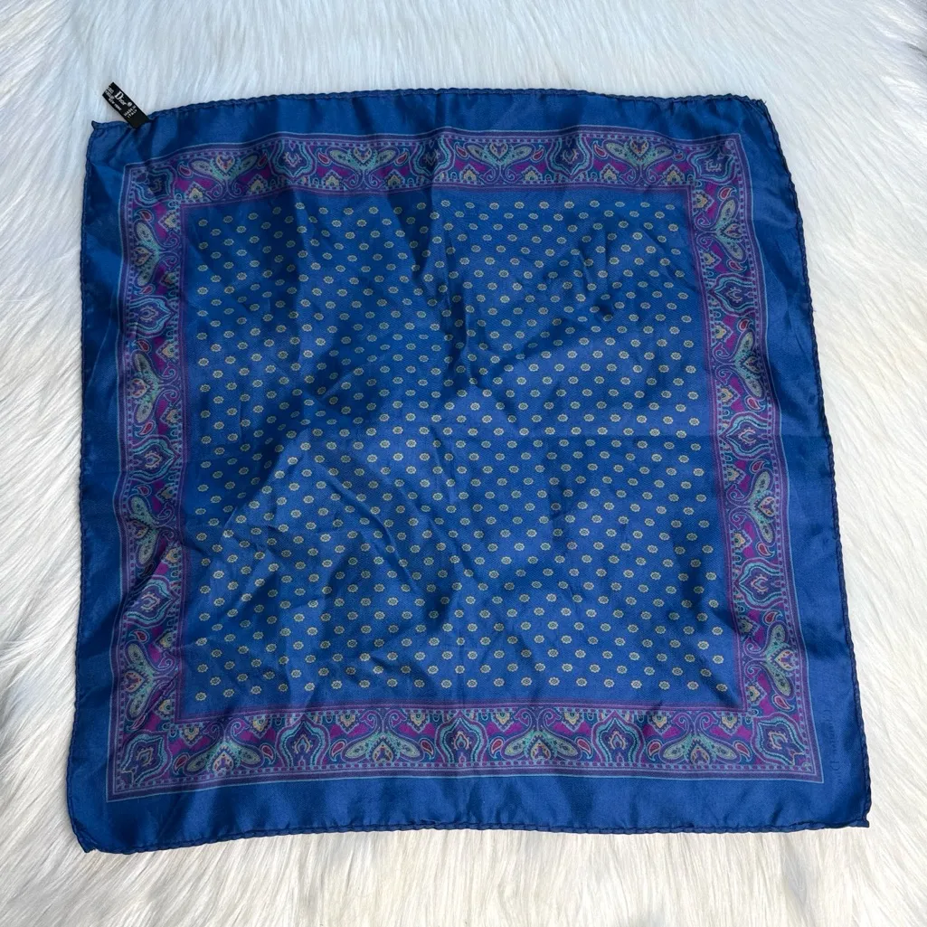 Christian Dior  Vintage Blue Patterned Silk Pocket Scarf - Image 4