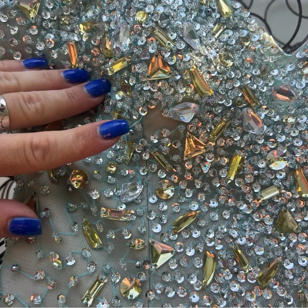 Terani Couture Strapless Prom Dress Blue Silver Embellish flowy chiffon skirt 4 - Image 10