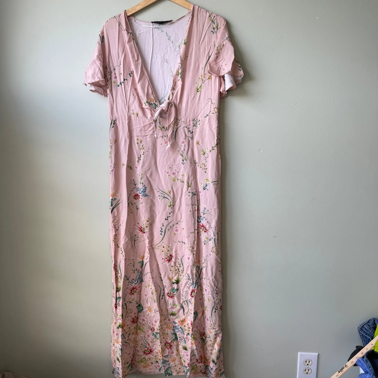 Zara Woman Pink Floral‎ Maxi Dress Tie Front Flutter Sleeve Slit Medium - Image 2