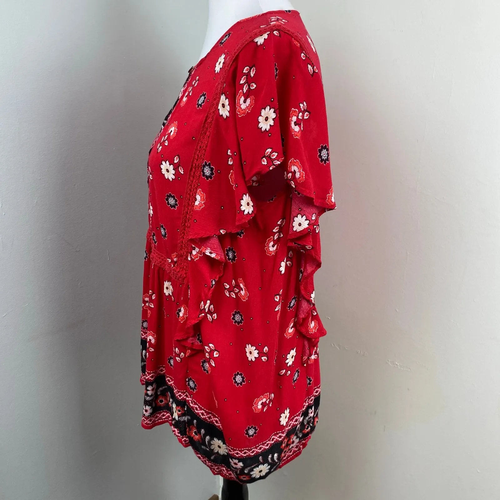 J Jill Cherry Red Floral Ruffle Short Sleeve Boho Blouse Top - Image 8