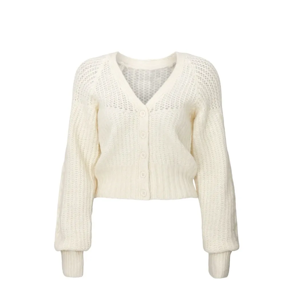 NICHOLAS • Camilla Cable Knit Cardigan wool alpaca Carnation cream ivory cropped White - Image 5