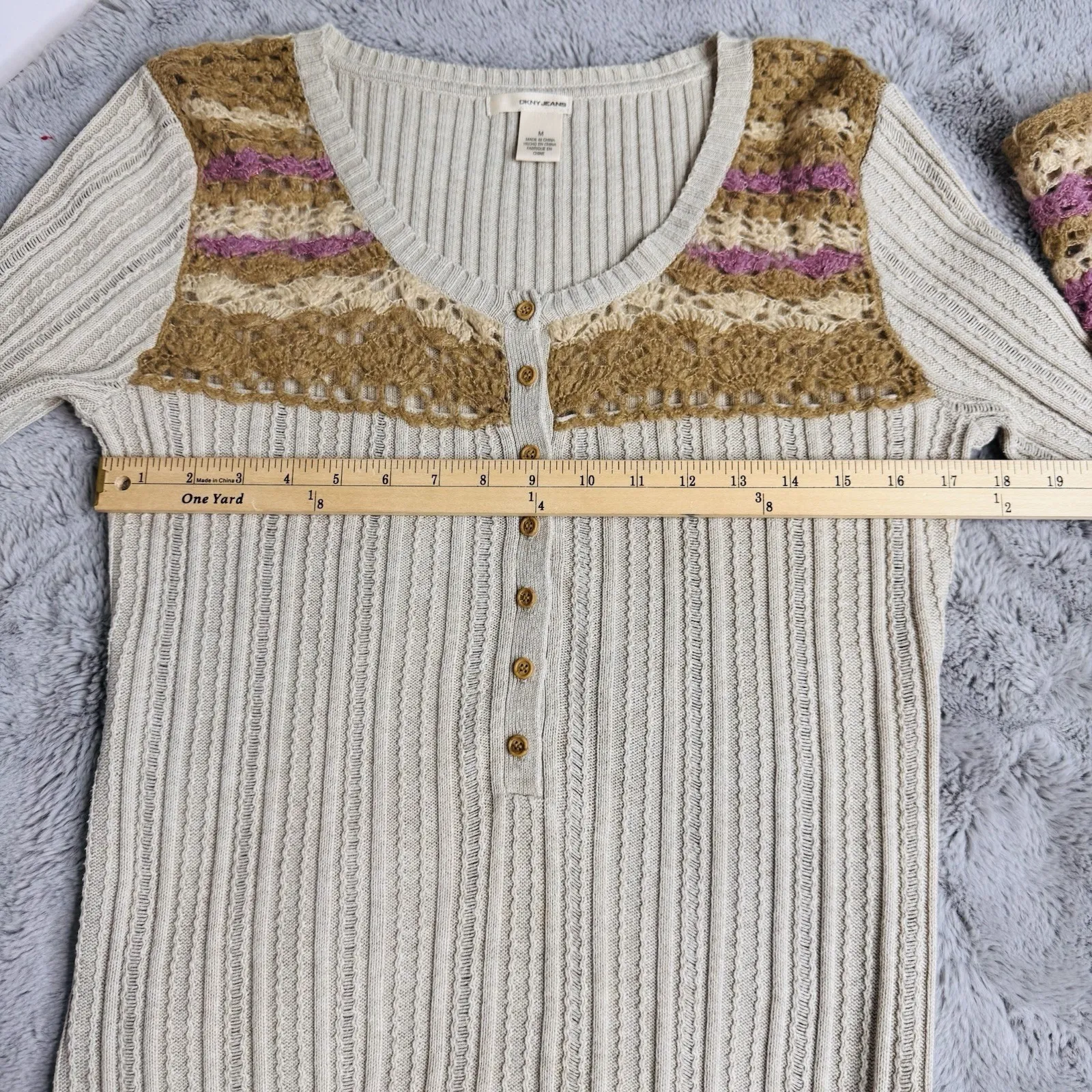 DKNY Women's‎ Sz M Sweater Cotton w/ Mohair Open Knit Accent Beige - Image 11