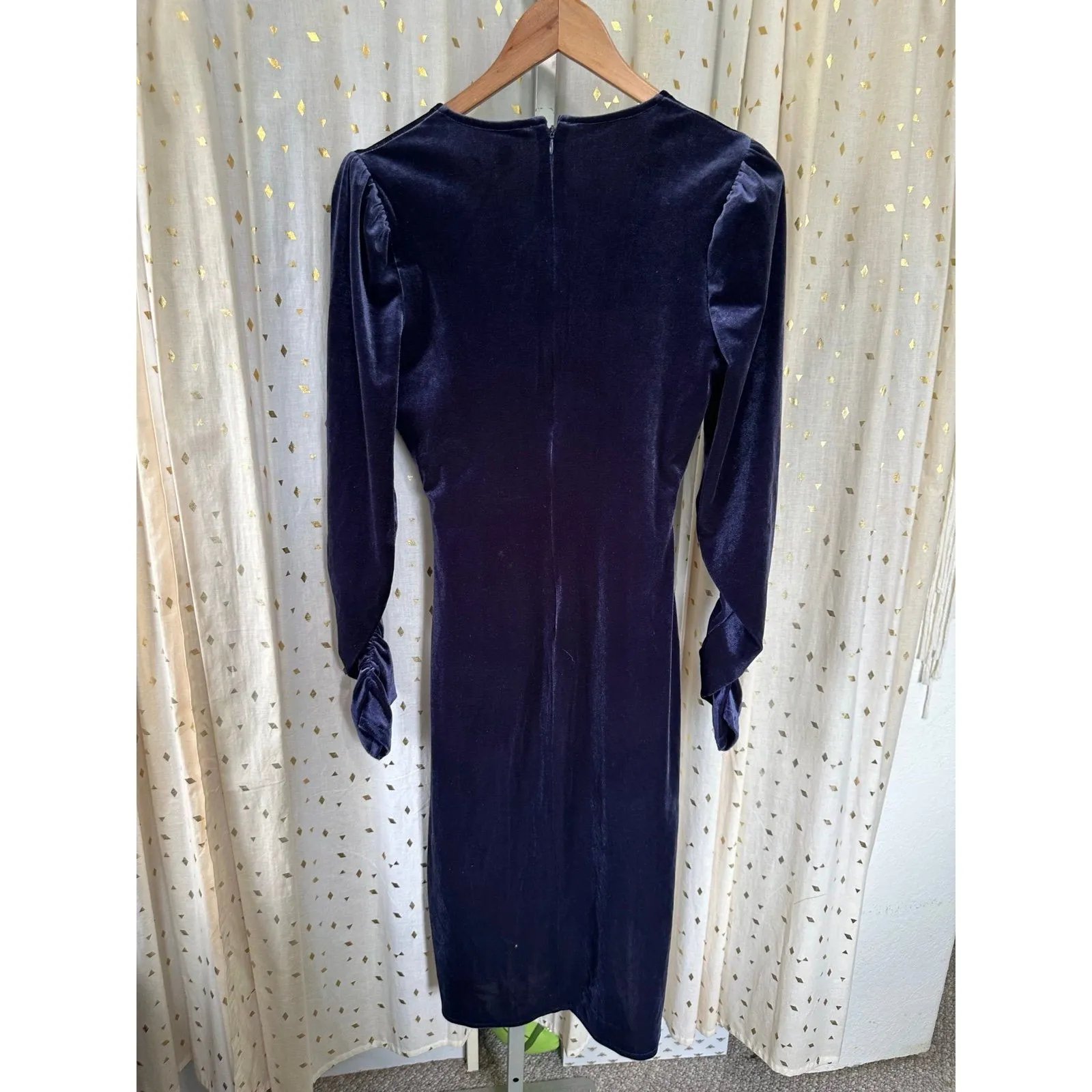 Gigi Parker Velvet Ruched Long Sleeve Sexy Stretch Bodycon Faux Wrap Dress S Blue - Image 5