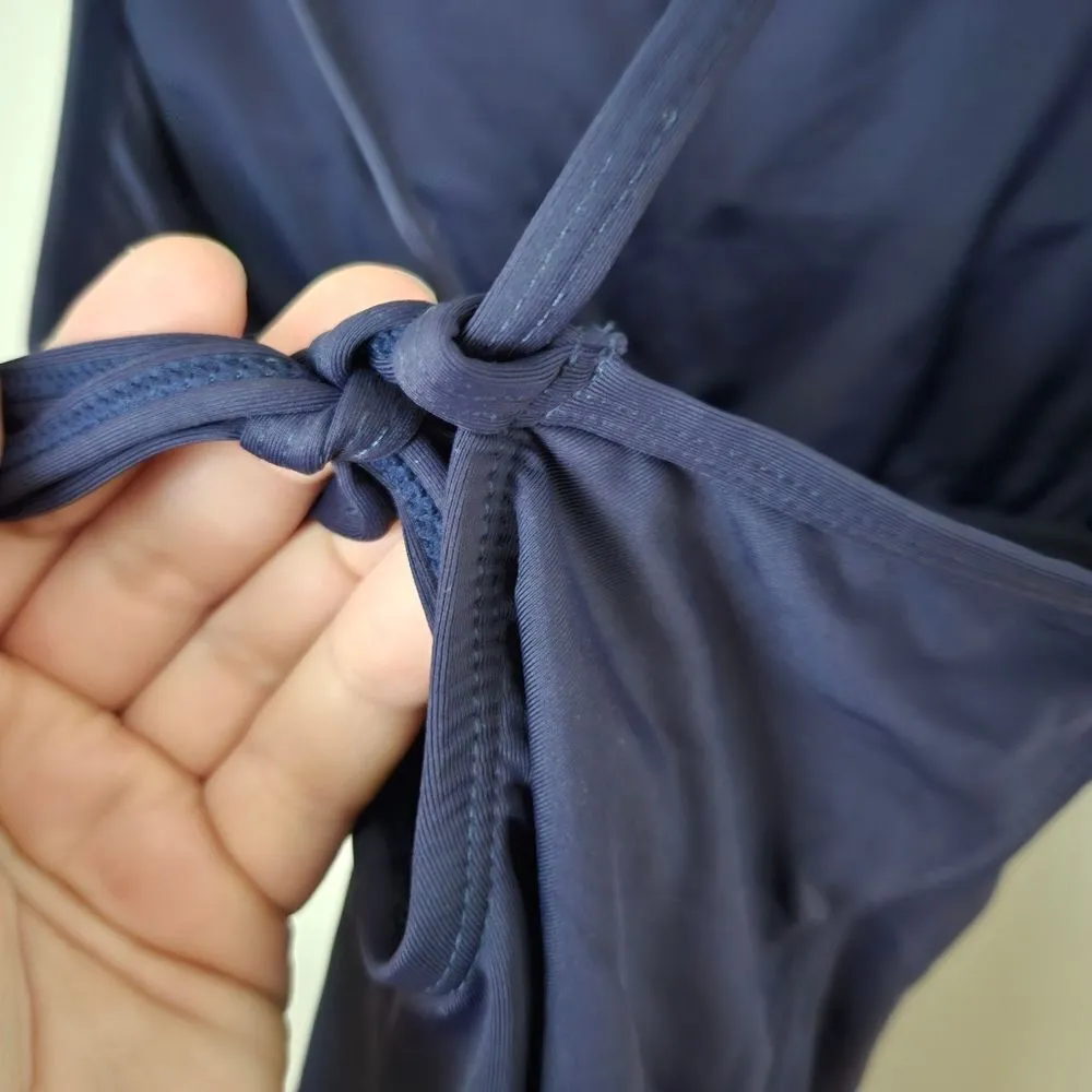 Andie Swim One Piece Bathing Suit LT Paloma Navy Tall Tie Back Neutral Vacation - Image 6