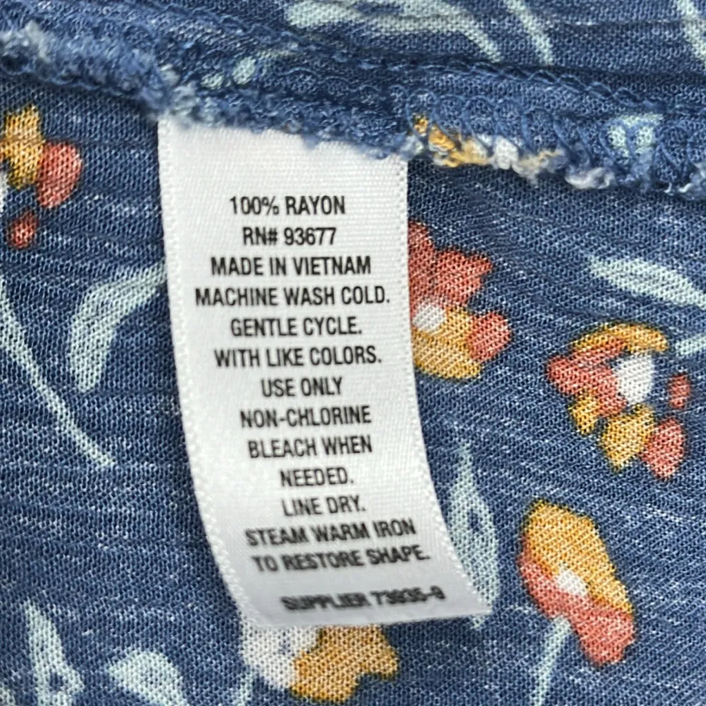 Blue Floral Rayon V Neck Sleeveless Decorative Tie Quarter Button Tank Top XXL - Image 10