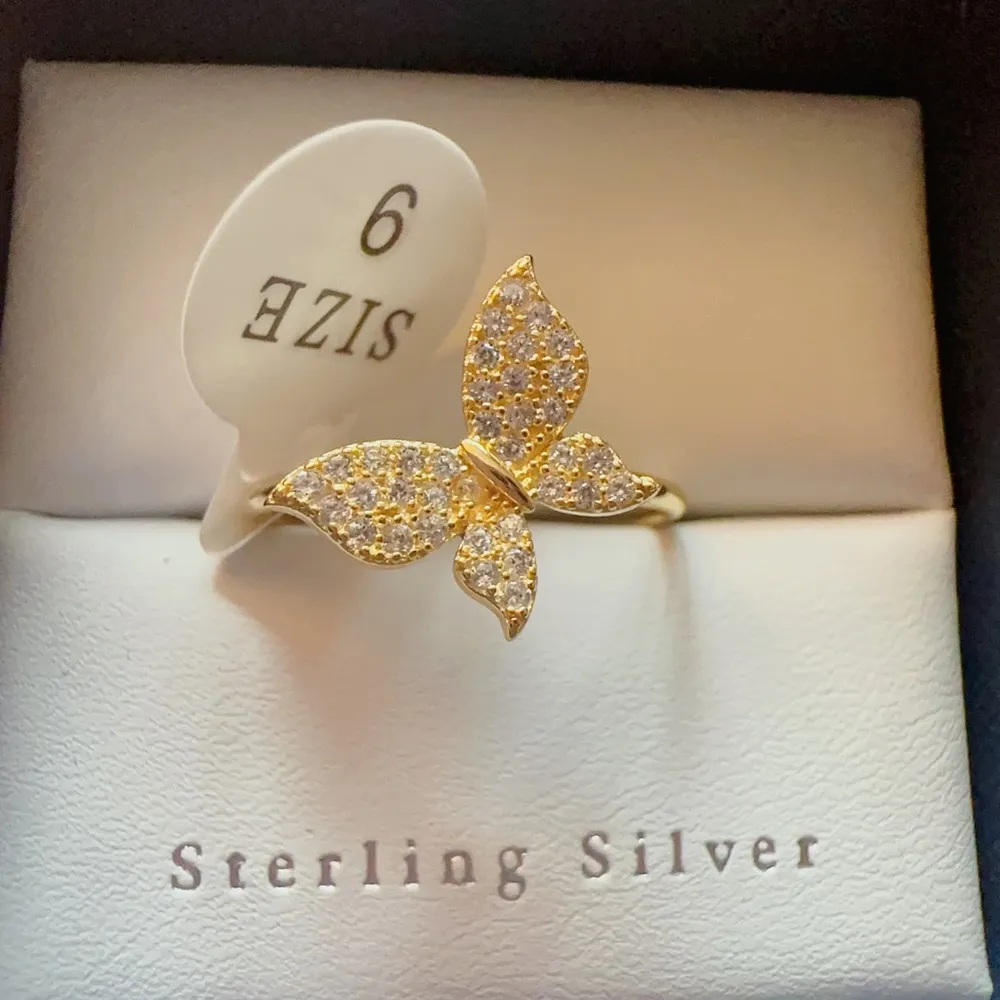 Contessa di capri sterling silver 925 gold ring size 9 paved diamonds butterfly - Image 2