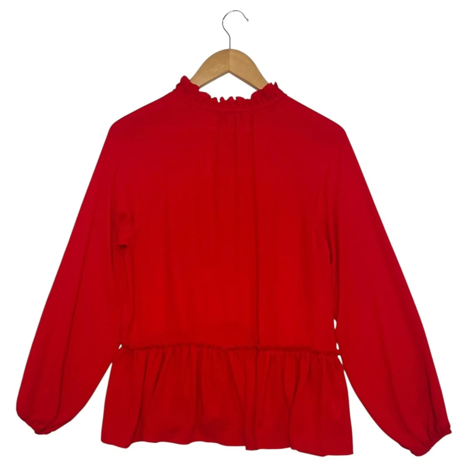 LOFT Blouse Womens Small Red Ruffle Peplum Long Sleeve Top Keyhole Holiday Sheer - Image 2