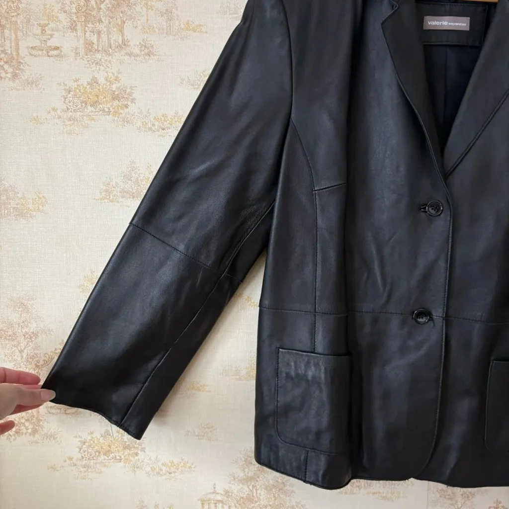 Vintage 90s black leather button front jacket lapel size XL - Image 2