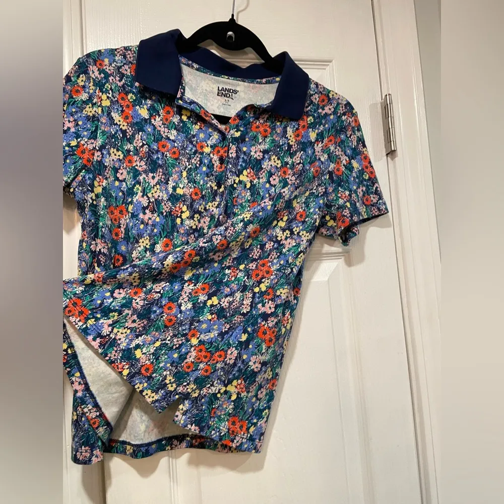 Lands End Size S Navy Blue Floral Cotton Collared Short Sleeve Polo Shirt - Image 3