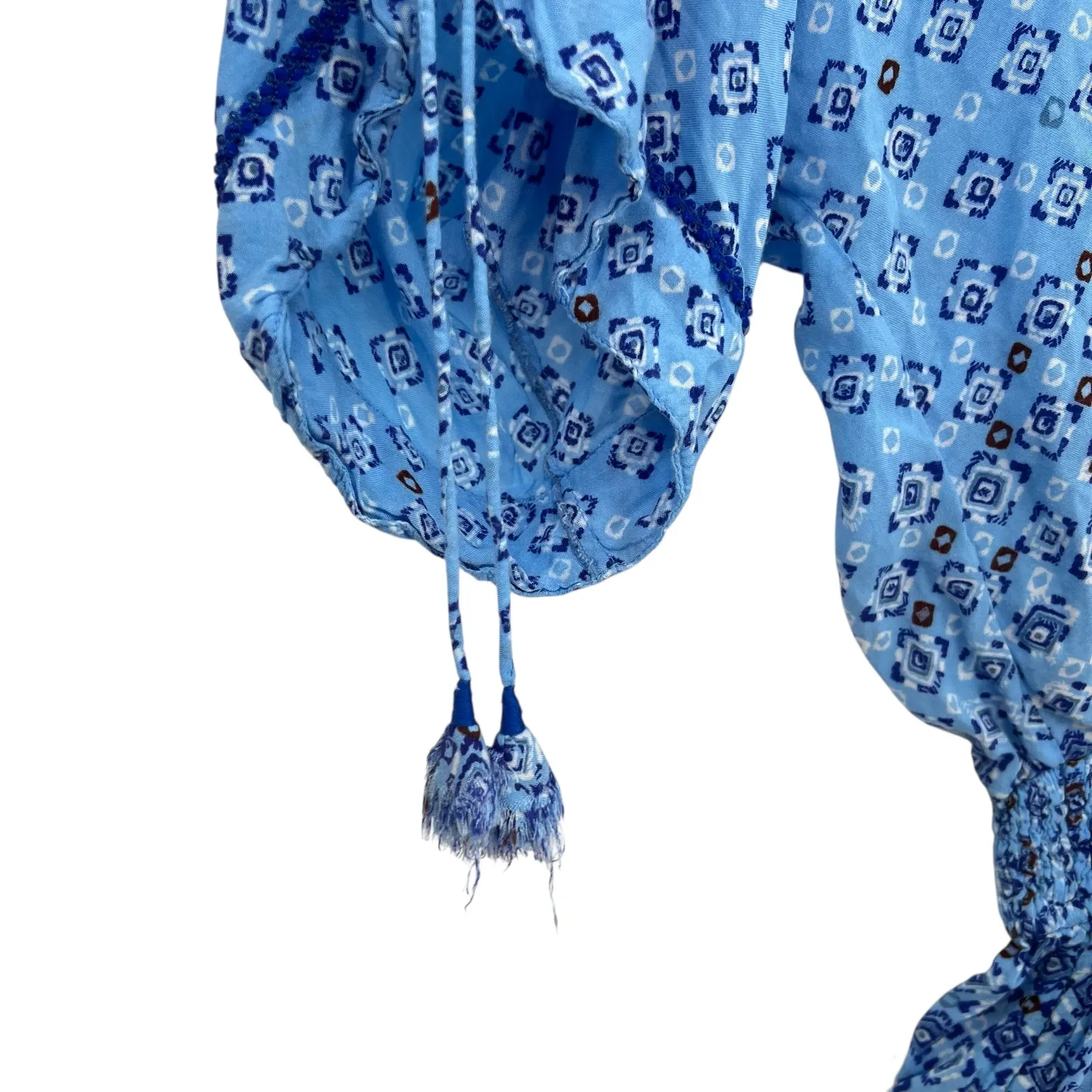Poupette St Barth Romper Smocked Dolman Sleeve Tasseled Geometric Print‎ Blue XS - Image 6