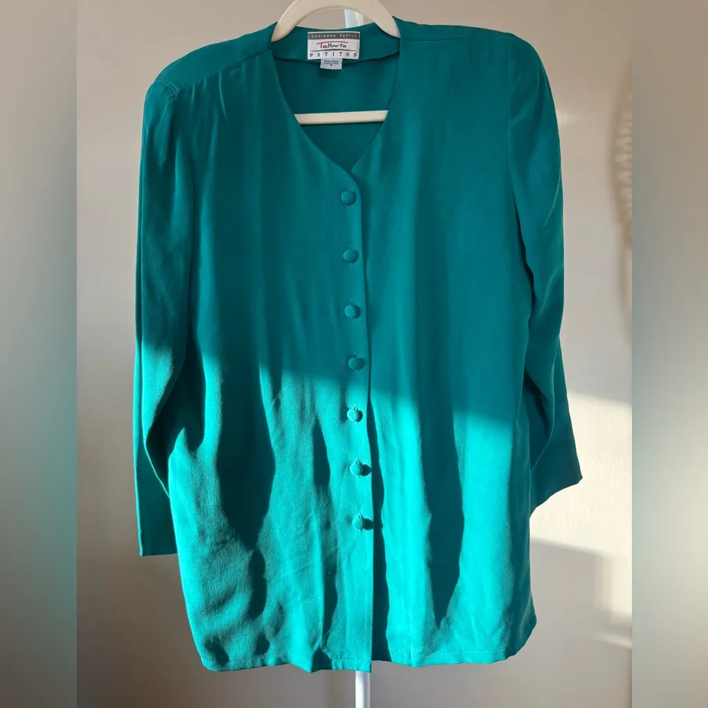 Vintage Talbots Teal Button-Down Shirt & Skirt Matching Set 100% Silk-8 - Image 4
