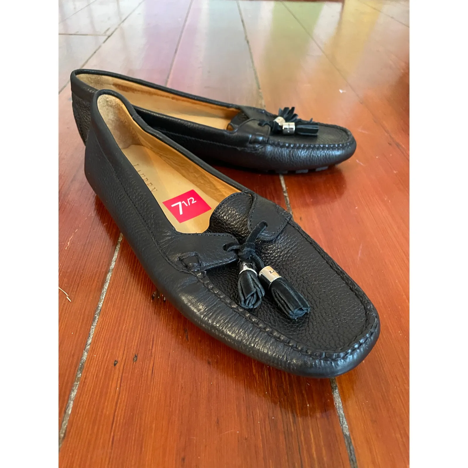 Lauren Ralph Lauren W 7.5 Black Leather Driving Loafers Moccasins Slip - Image 3