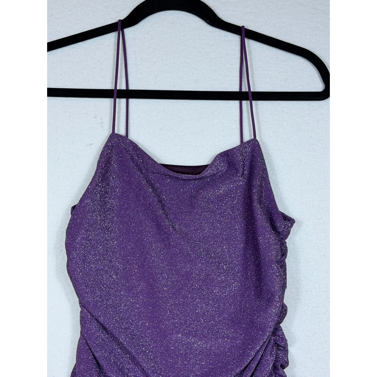 SHEIN Petite S Ruched Glitter Party Prom Dress Mini Purple Spaghetti Strap - Image 9